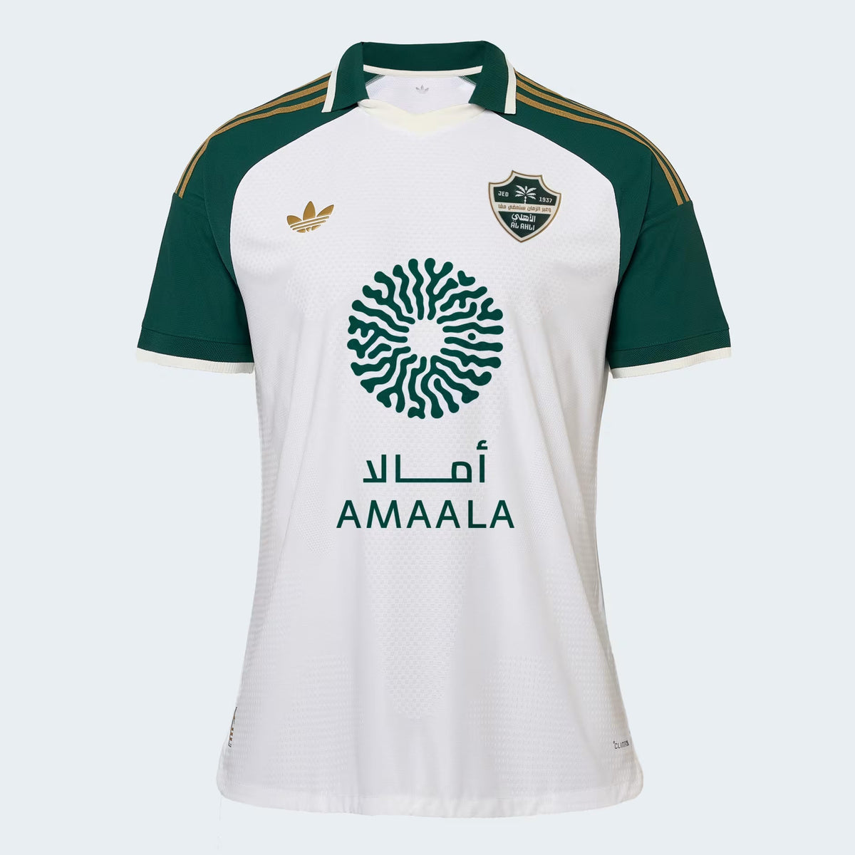 Al Ahli 2026/27 away jersey Player version front view in off white green and gold