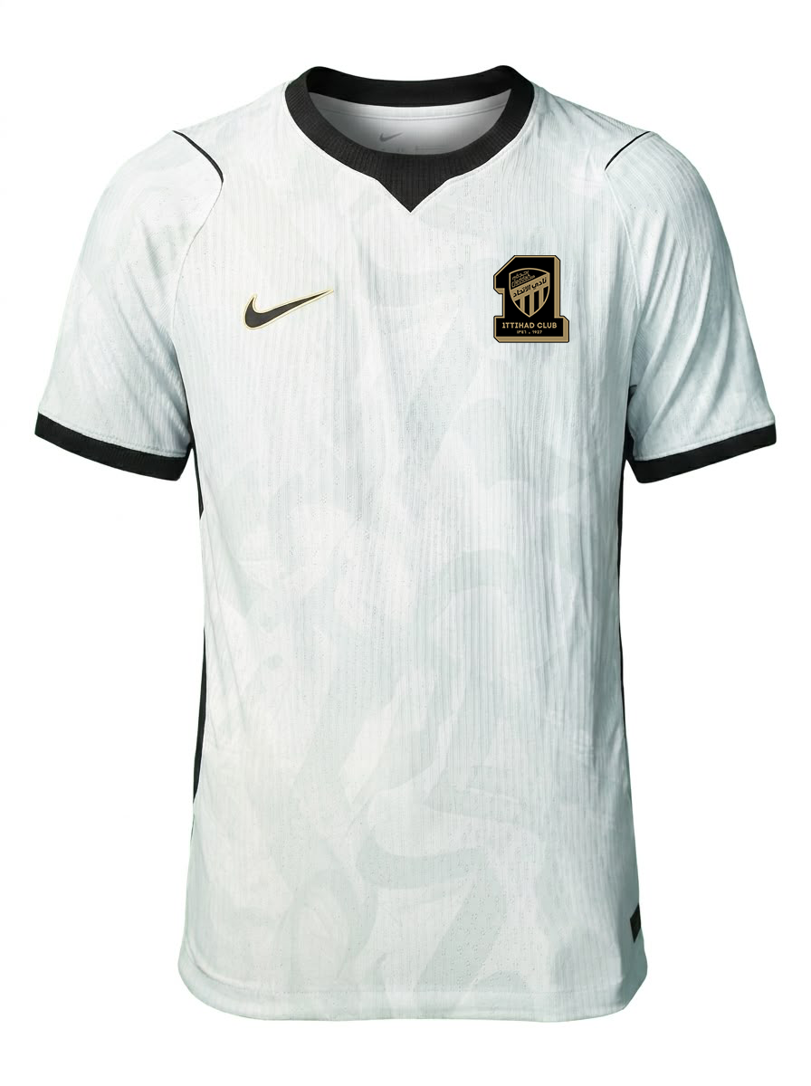 Al Ittihad 2026/27 away jersey Fan version front view in light grey black and gold