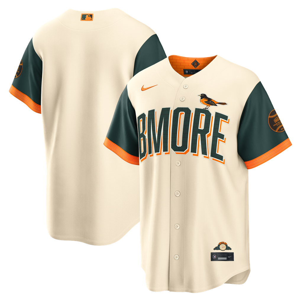 Baltimore Orioles Cream 2026 City Connect jersey masculino, vista frontal y trasera