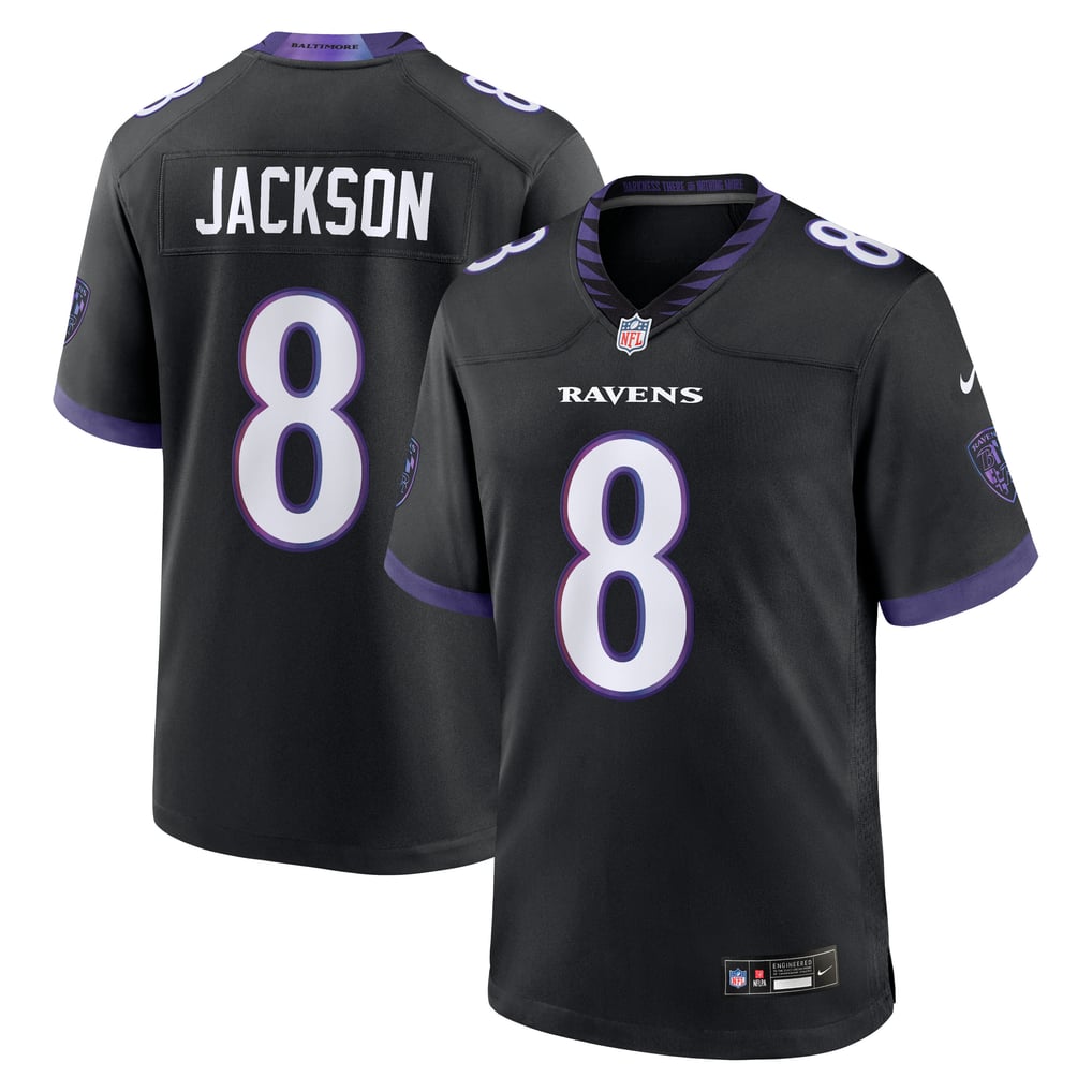 GoalStyle — Baltimore Ravens Black Alternate jersey, Lamar Jackson #8, front and back