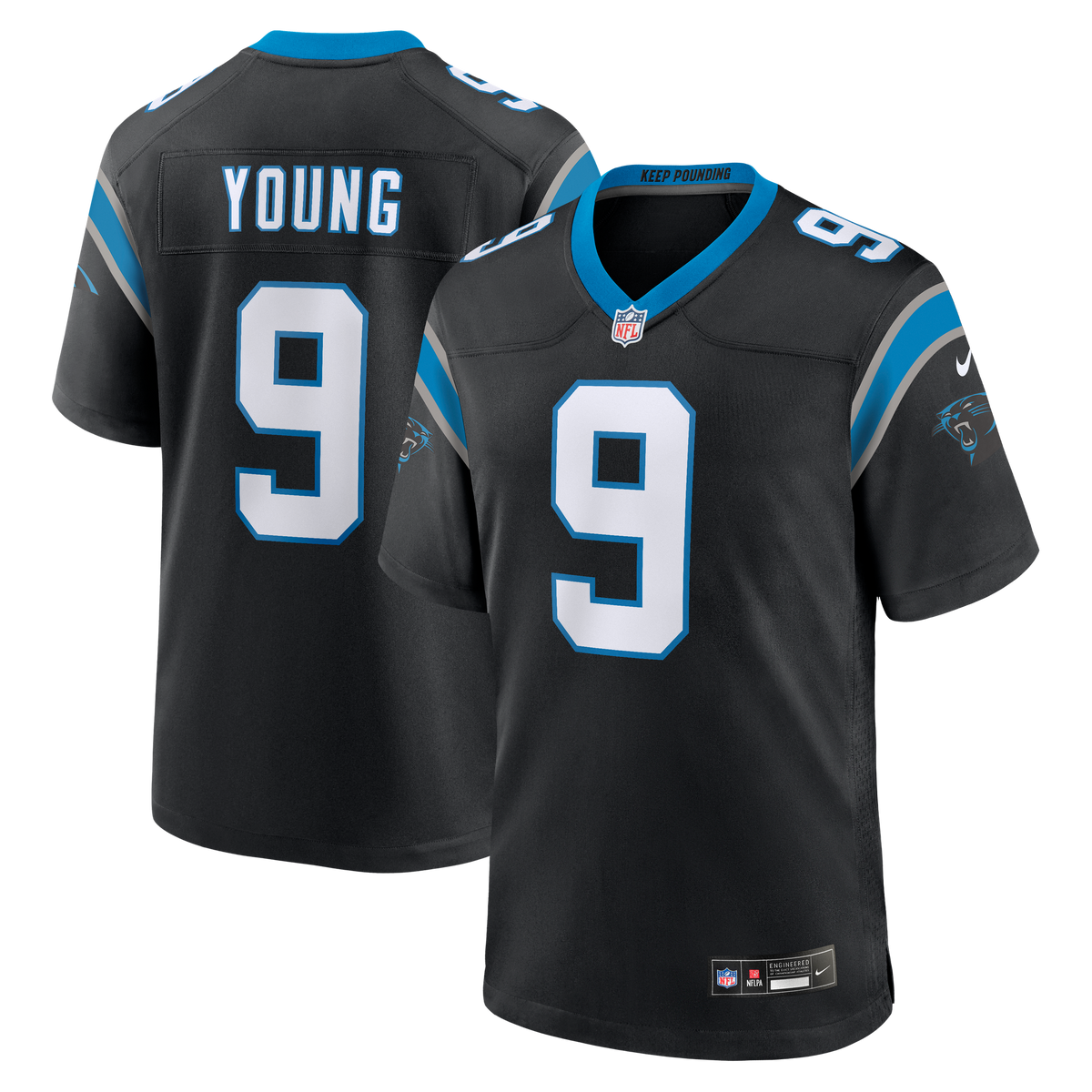 GoalStyle Carolina Panthers Bryce Young #9 Team Game Jersey front and back