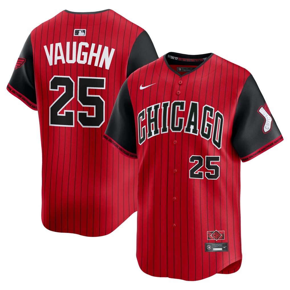 Chicago White Sox Andrew Vaughn #25 Red/Black 2025 City Connect jersey masculino, vista frontal y trasera