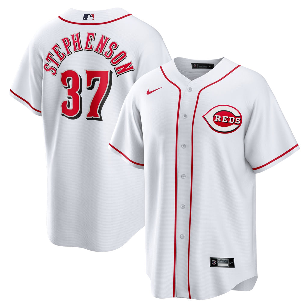 Cincinnati Reds Jersey — White Home — Tyler Stephenson #37 — front view