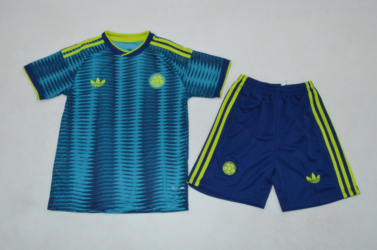 Colombia 2026 visitante Kids — uniforme completo camiseta y short, vista frontal
