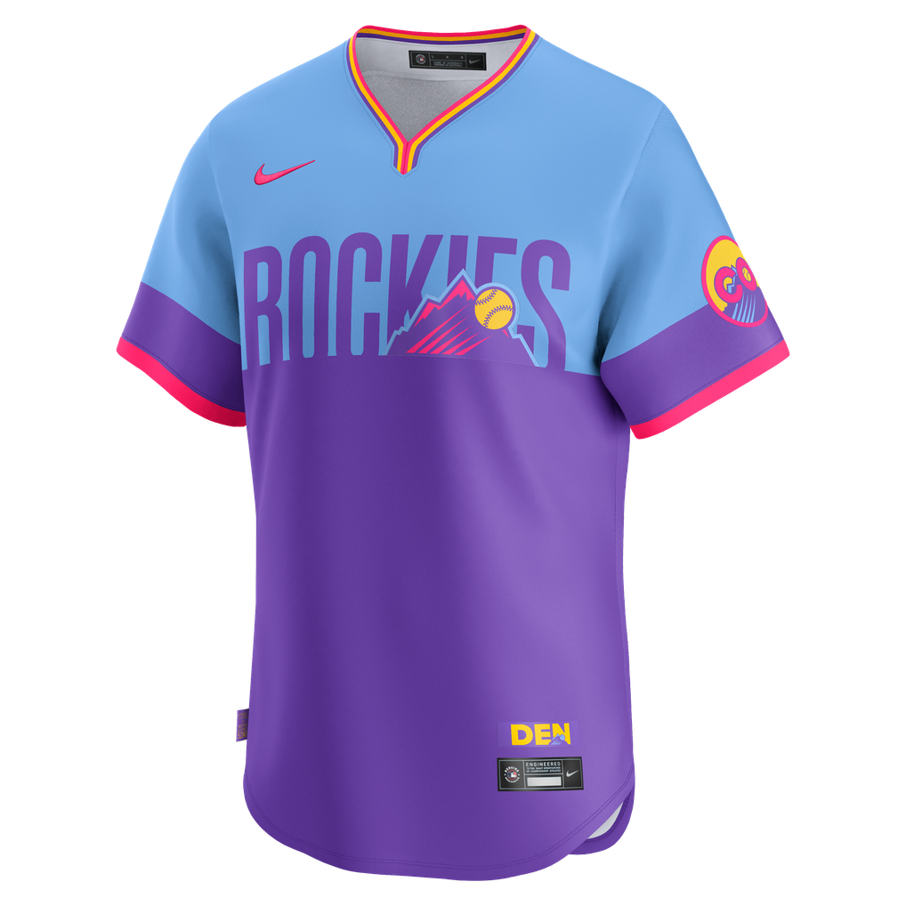 Colorado Rockies Purple Light Blue 2025 City Connect men's jersey front and back