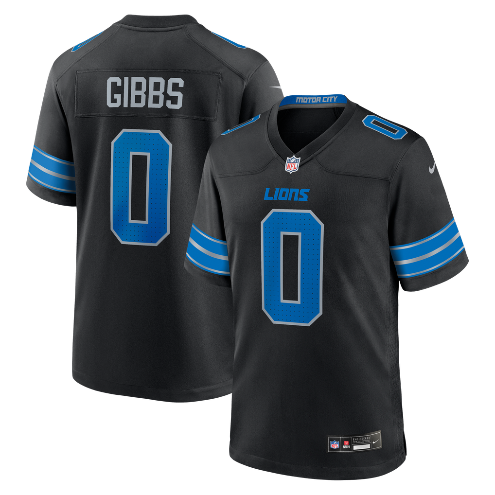 GoalStyle Detroit Lions Black 2nd Alternate NFL jersey, Jahmyr Gibbs #0, front and back view
