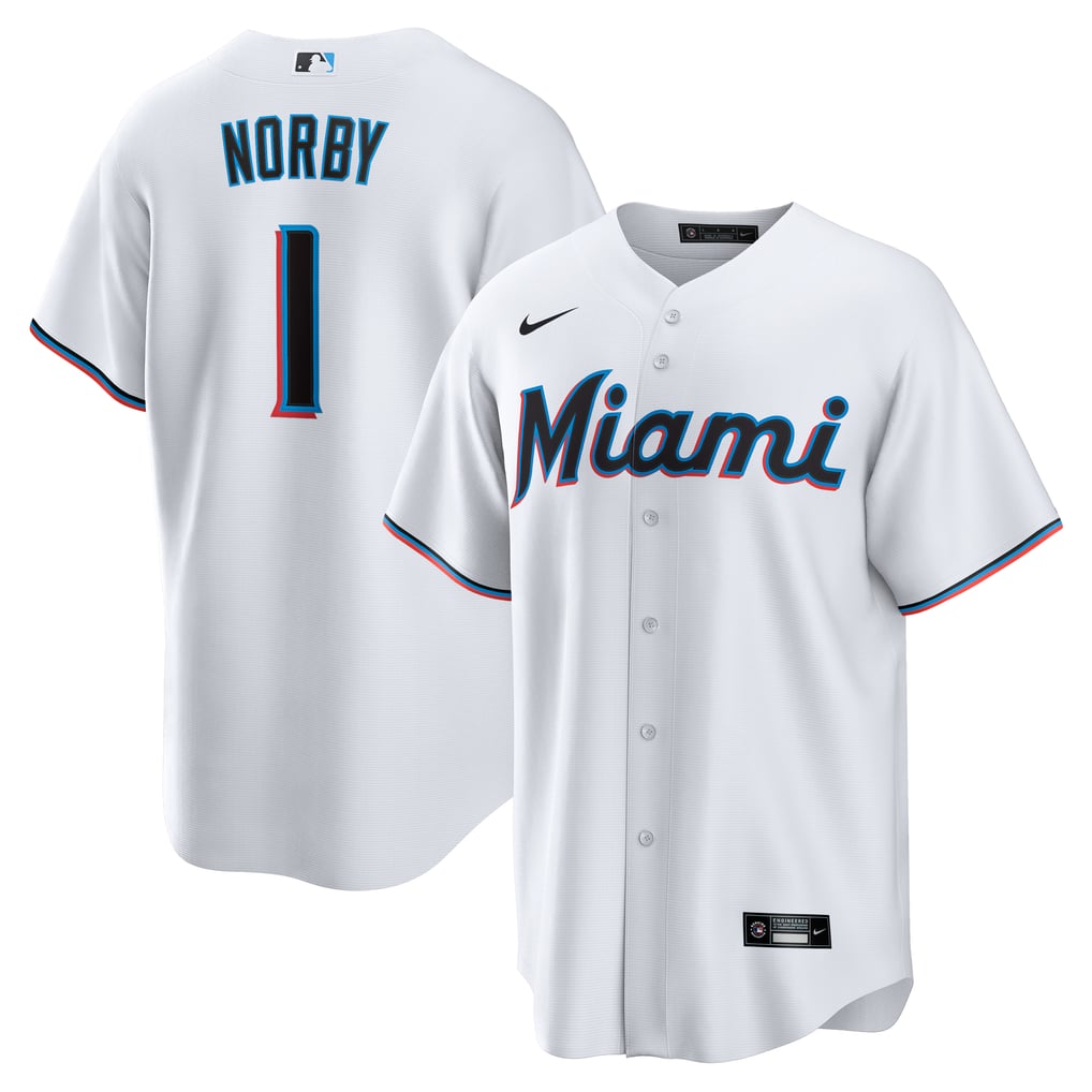 Miami Marlins Jersey — White Home — Connor Norby #1 — front view